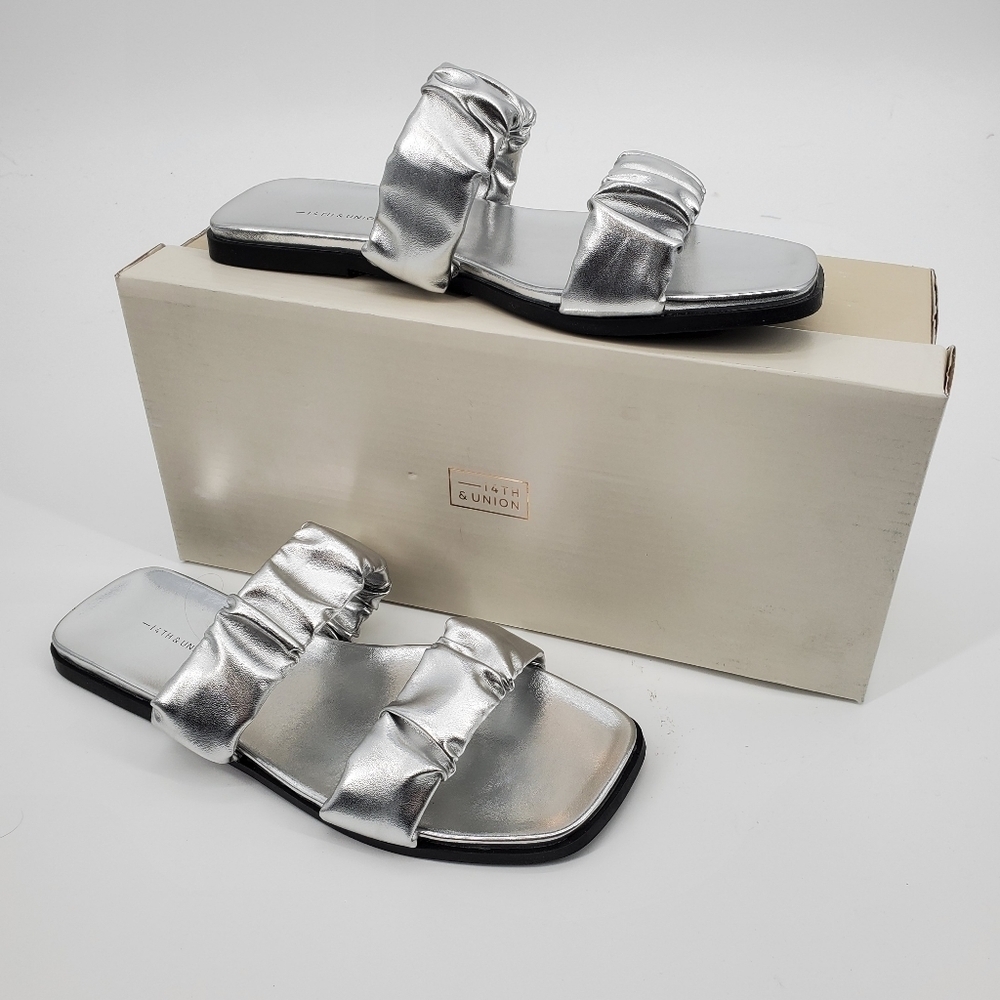 14th & Union Nordstrom Metallic Silver Corin Leather 2 Strap Slides Sandals 7